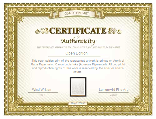 Certificate of Authenticity with decorative gold border and text