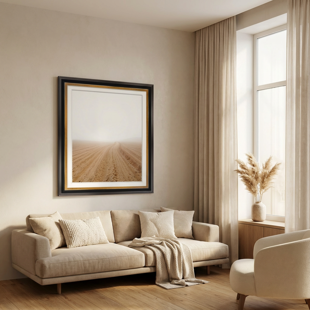 Modern living room with a beige sofa, framed artwork, and large window.