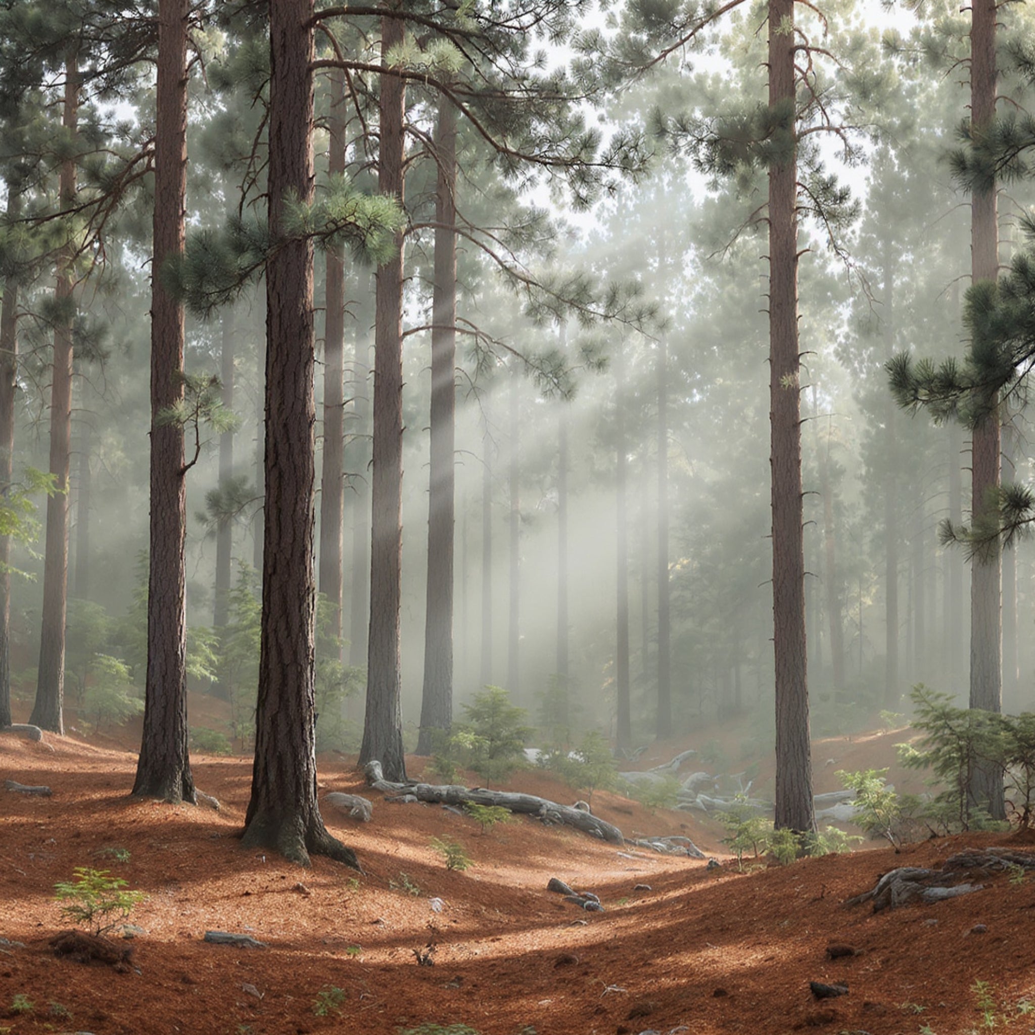 Misty forest with tall trees and a path winding through the undergrowth.