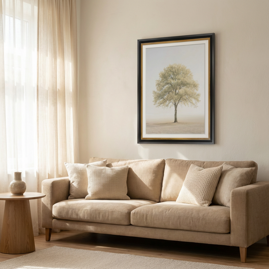 Beige sofa in a living room with a framed tree picture on the wall.