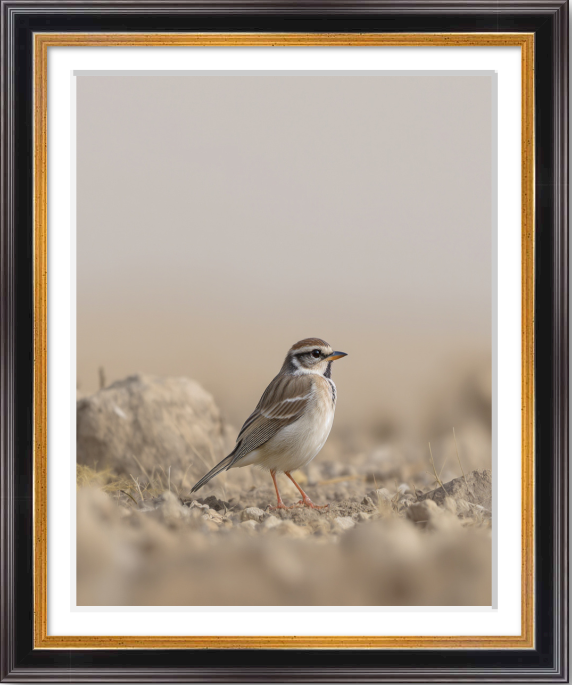Framed fine art print of a solitary bird standing within an open desert landscape, composed with restrained light, space, and minimal form.