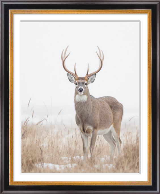 Fine art print of a solitary whitetail buck standing in an open winter landscape with pale grasses and restrained light
