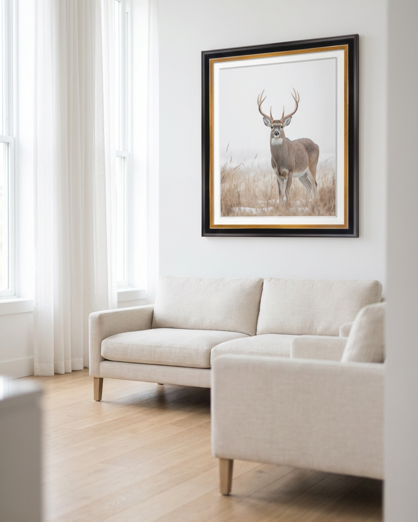 Framed artwork of a deer on a wall above a beige sofa in a living room.