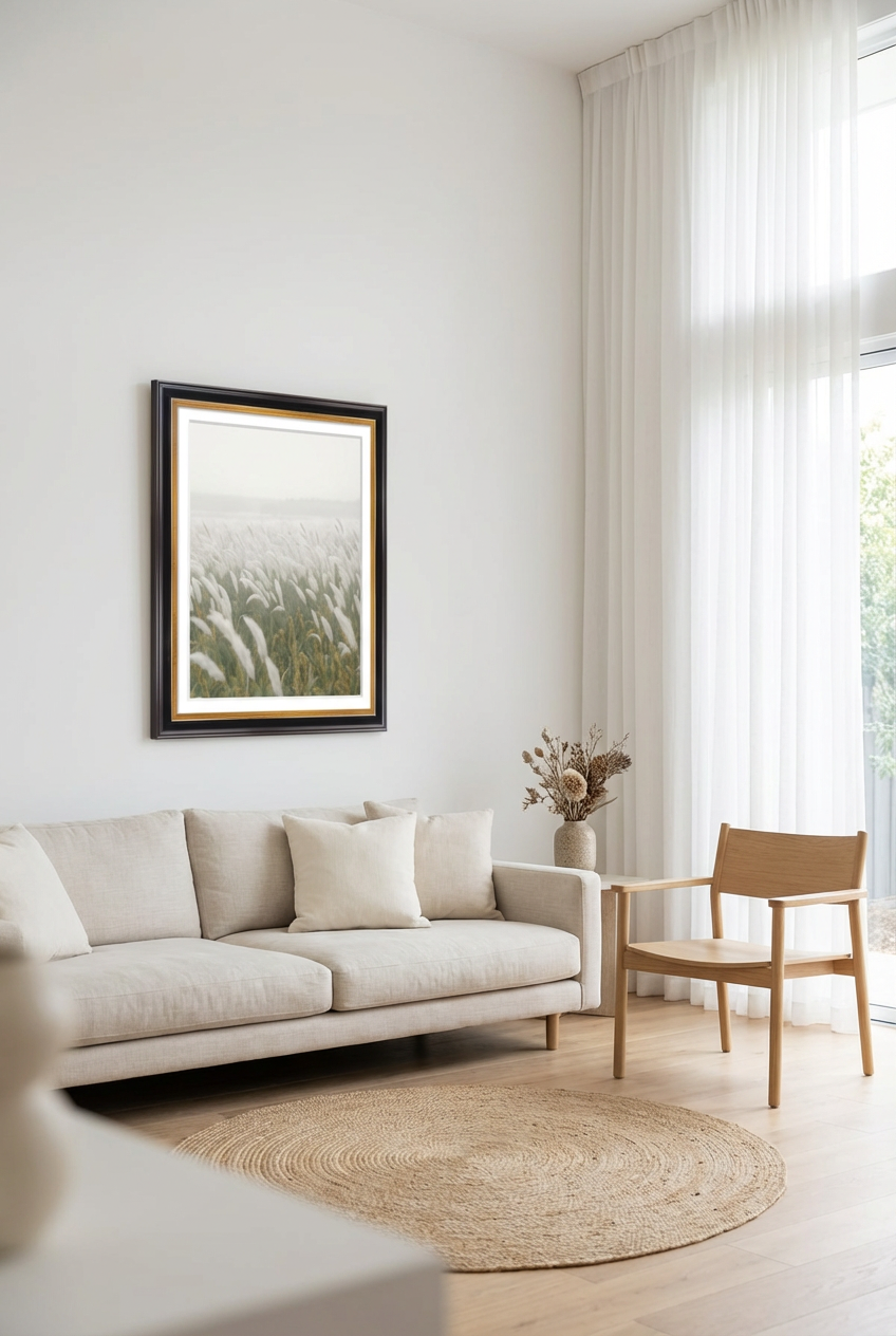 Modern living room with a beige sofa, wooden chair, and framed artwork on a white wall.