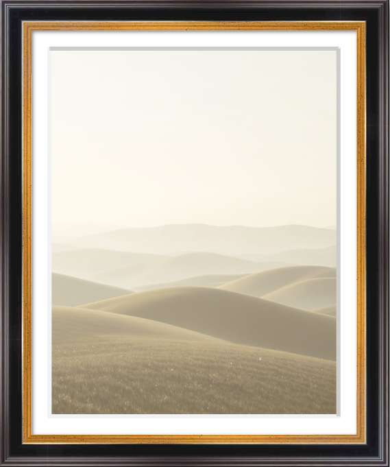 Framed fine art print of a softly layered landscape with receding hills, rendered with restrained light, repetition, and minimal form.