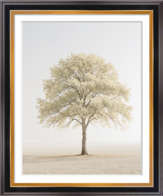 Stillness Held fine art print showing a solitary tree in soft light against a pale sky, with minimal composition