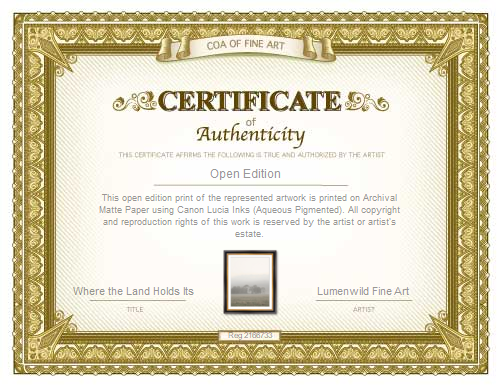Certificate of Authenticity with decorative gold border and text