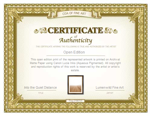 Certificate of Authenticity for an artwork with decorative gold border
