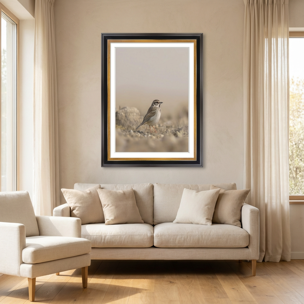 Framed artwork of a bird on a beige wall above a beige sofa in a living room.