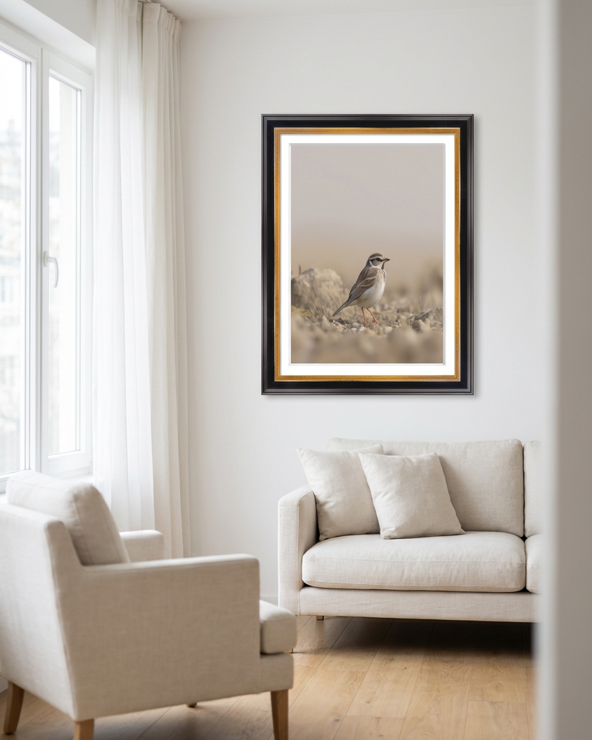 Framed bird photograph on a wall in a living room with white furniture.