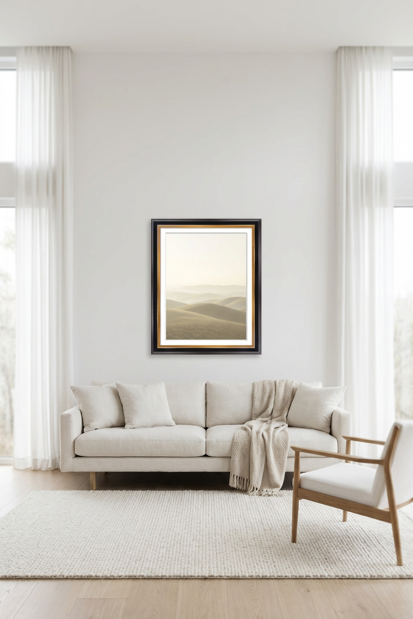 Modern living room with a white sofa, armchair, and framed abstract art on the wall.