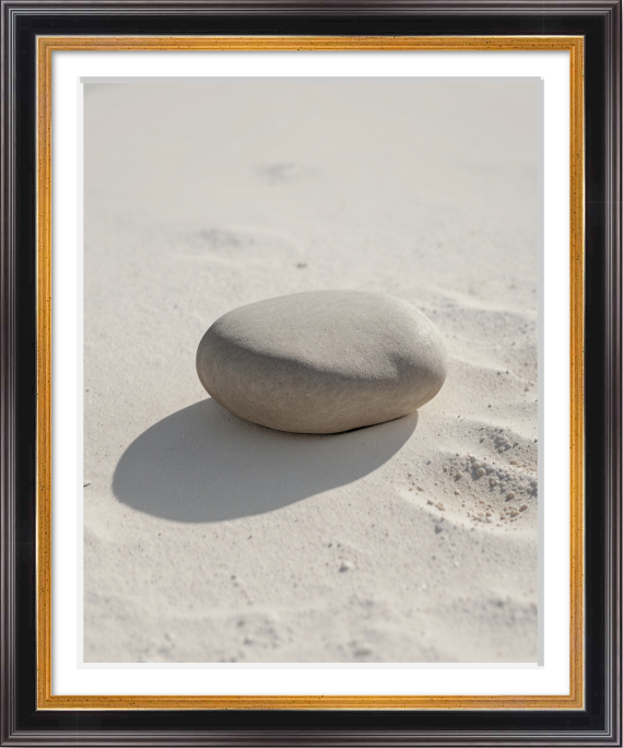 Framed fine art print of a solitary smooth stone resting on pale sand, rendered with restrained light and minimal composition.