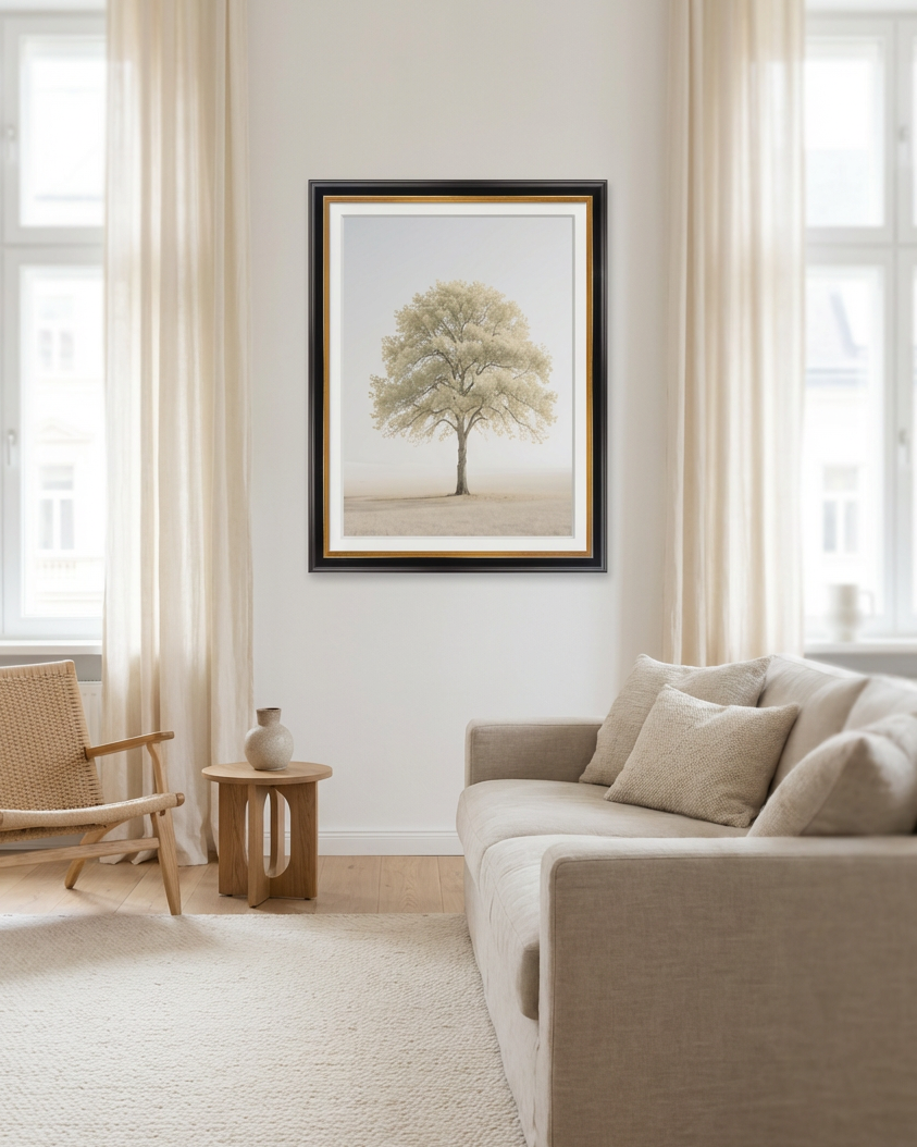 Framed artwork of a tree in a living room with neutral decor