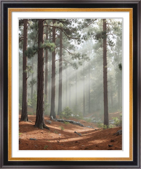 Where the Light Settles, a fine art print showing misty pine forest with sunlight rays filtering through tall trees